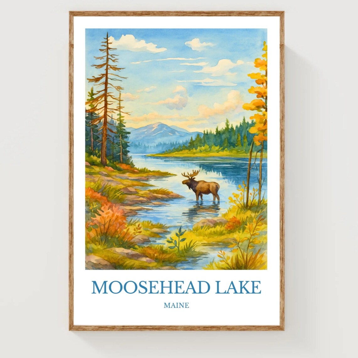 Moosehead Lake Maine Moose Wildlife Watercolor Travel Poster