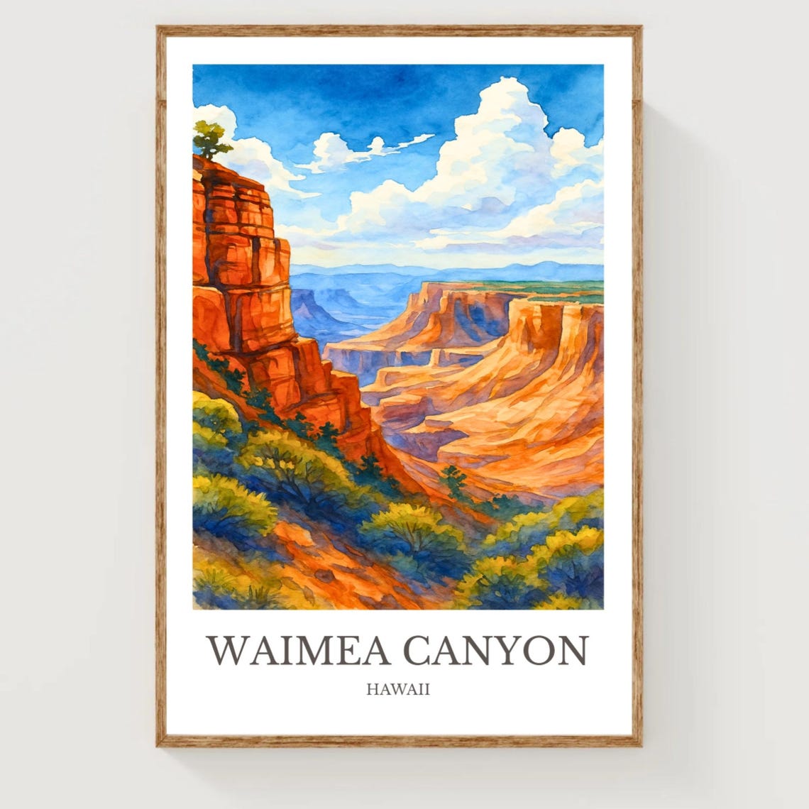 Waimea Canyon Hawaii Dramatic Red Cliffs Watercolor Travel Poster