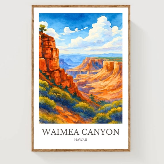 Waimea Canyon Hawaii Dramatic Red Cliffs Watercolor Travel Poster
