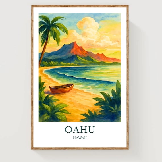 Oahu Hawaii Sunset Beach Canoe Palm Watercolor Travel Poster