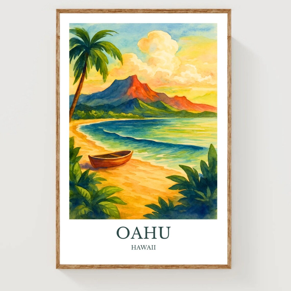 Oahu Hawaii Sunset Beach Canoe Palm Watercolor Travel Poster