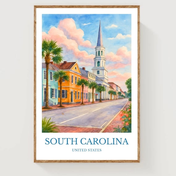 South Carolina Palms And Church Steeple Watercolor Travel Poster