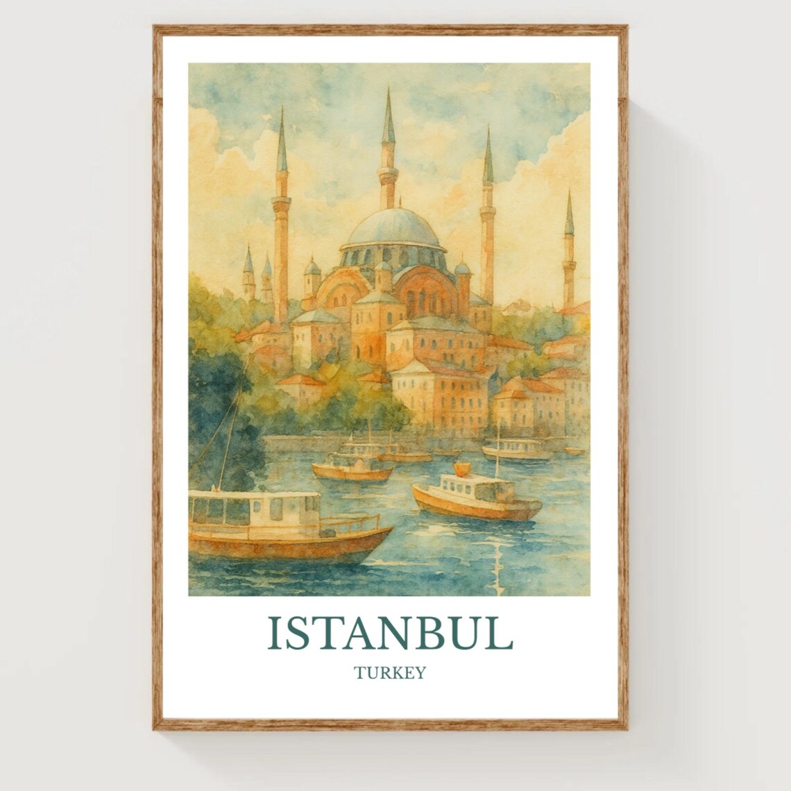 Istanbul Golden Horn Mosque Ferry Boats Watercolor Art Poster