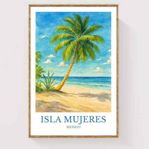 Isla Mujeres Mexico Palm Tree Beach Watercolor Travel Poster