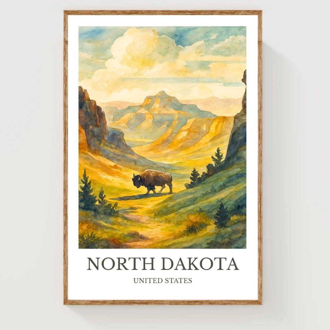 North Dakota Bison Mountain Valley Prairie Watercolor Travel Poster
