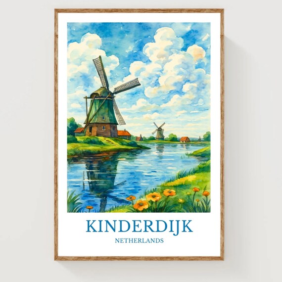 Kinderdijk Netherlands Windmills Canal Watercolor Travel Poster