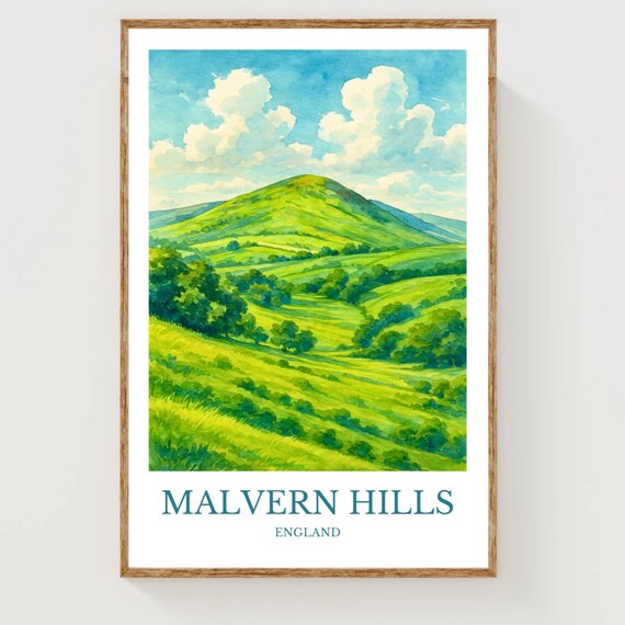 Malvern Hills England Watercolor Green Rolling Hills Travel Poster
