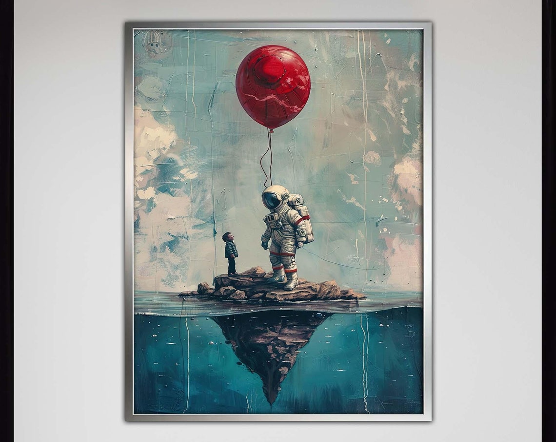 Astronaut And Red Balloon Canvas Surreal Space Art Dreamy Wall Print Floating Island Artwork Scifi Decor Ready To Hang Home