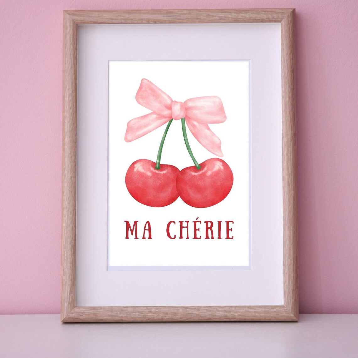 Ma Cherie Red Cherries Pink Bow Watercolor French Coquette Print