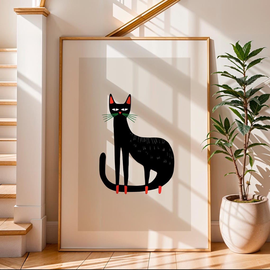 Black Folk Art Cat Red Paws Scandinavian Retro Nursery Wall Art Poster - Image 4