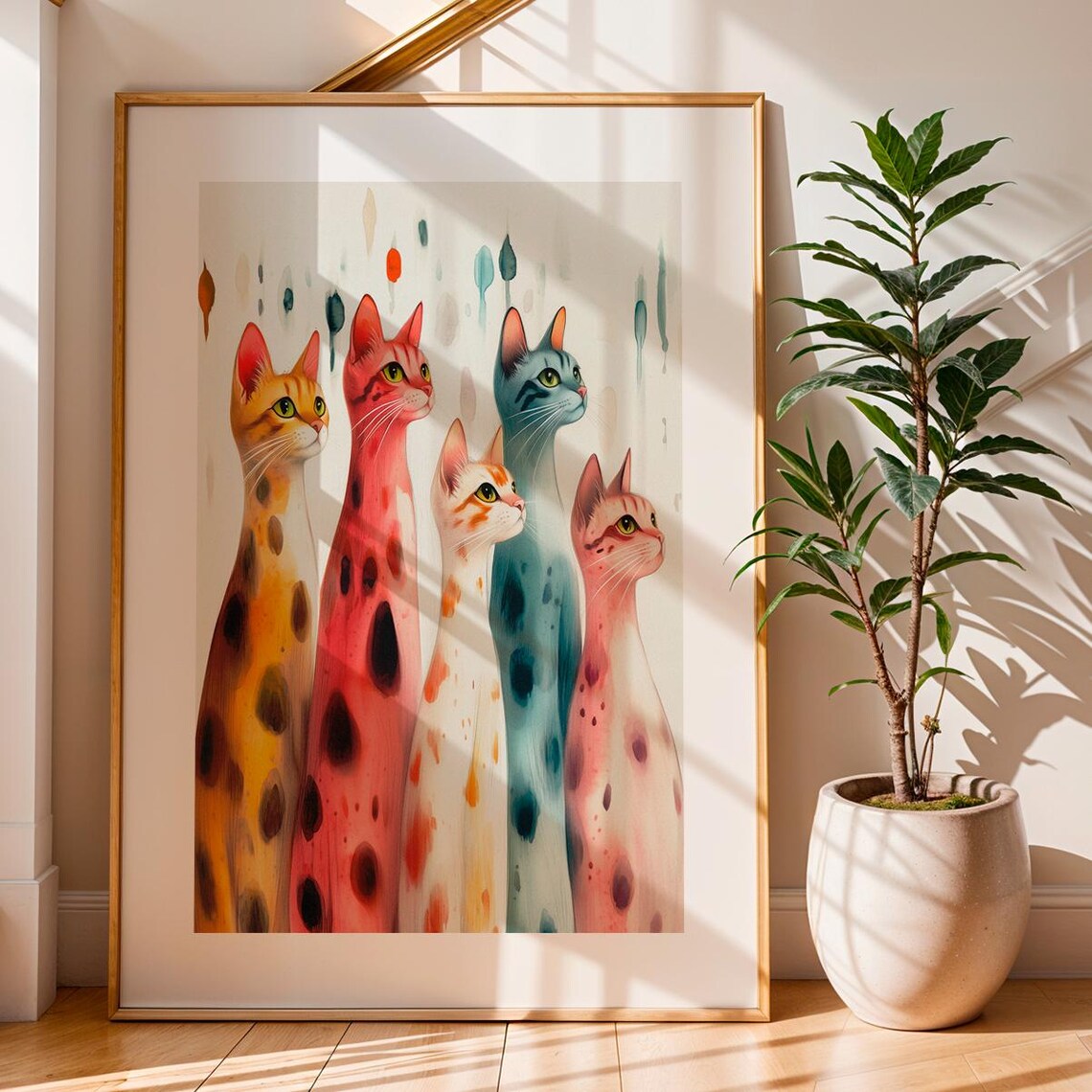 Five Tall Colorful Cats Watercolor Rainbow Kitty Painting Wall Art Print - Image 2