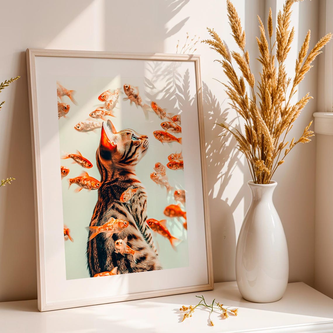 Tabby Cat Surrounded By Goldfish Dreamy Pastel Animal Wall Art Poster - Image 2