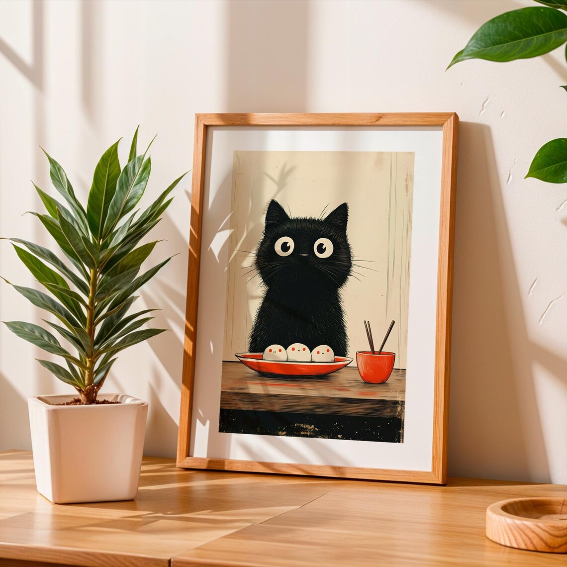 Funny Black Cat Steamed Dumplings Japanese Food Illustration Wall Art Print - Image 2