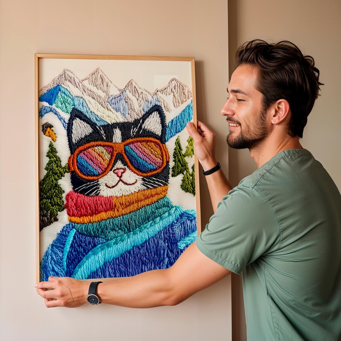Skier Cat Rainbow Goggles Snowy Mountain Embroidery Winter Wall Art Print - Image 3