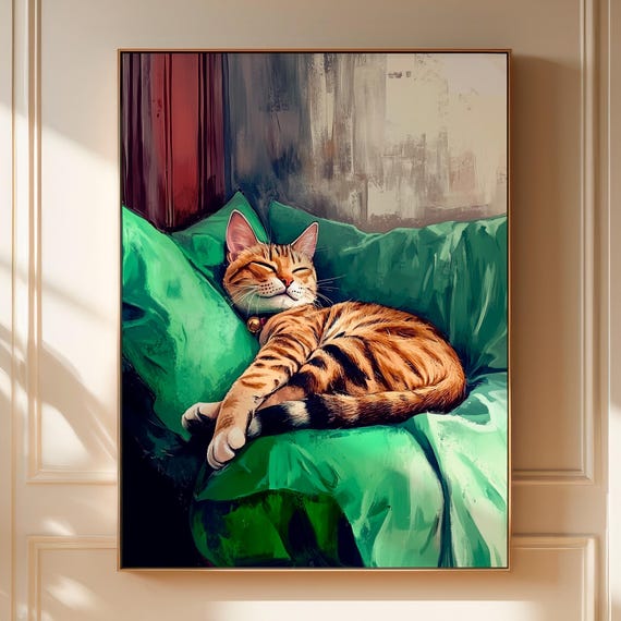 Lazy Cat Paint Sleeping Cat Print Nap Oil Painting Cute Wall Art Bedroom Poster Kitten Purr Wall Decor