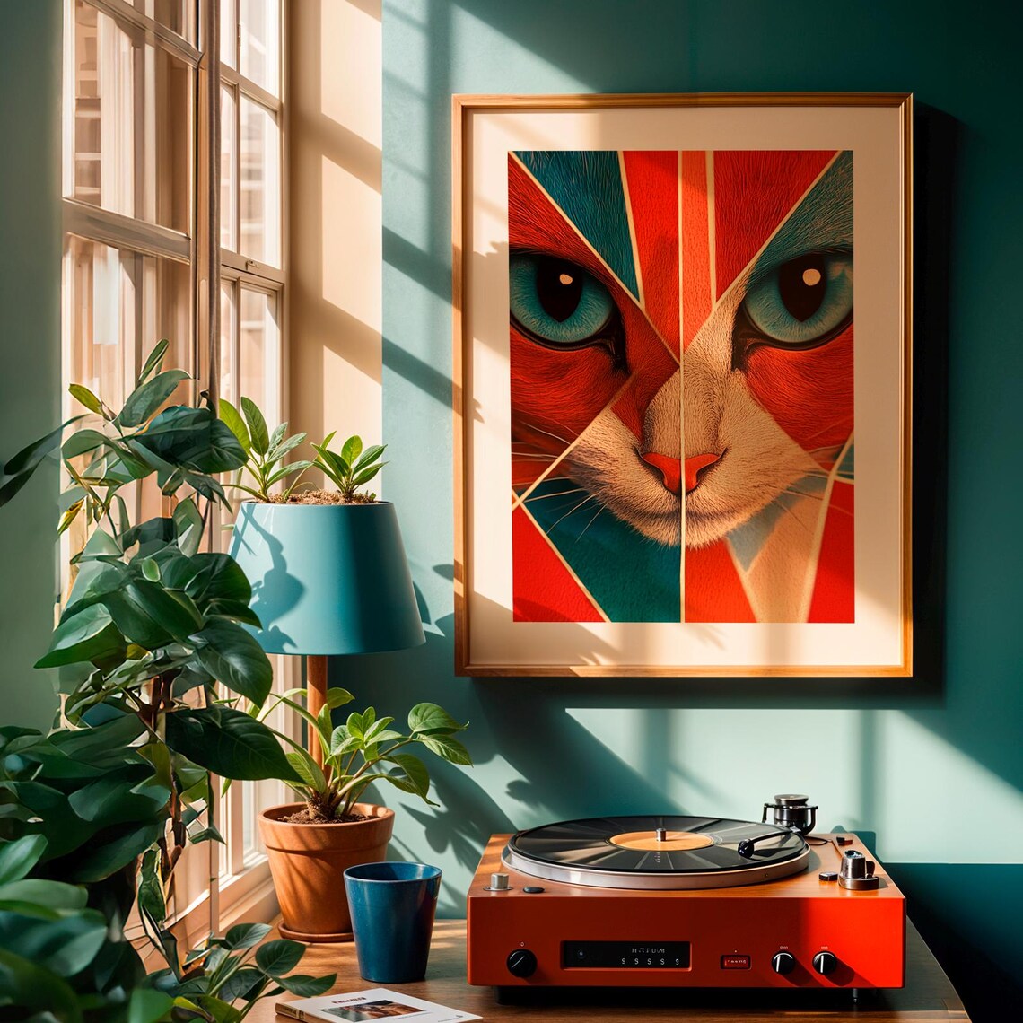 Geometric Cat Face Red Blue Art Deco Split Portrait Modern Wall Art Print - Image 3