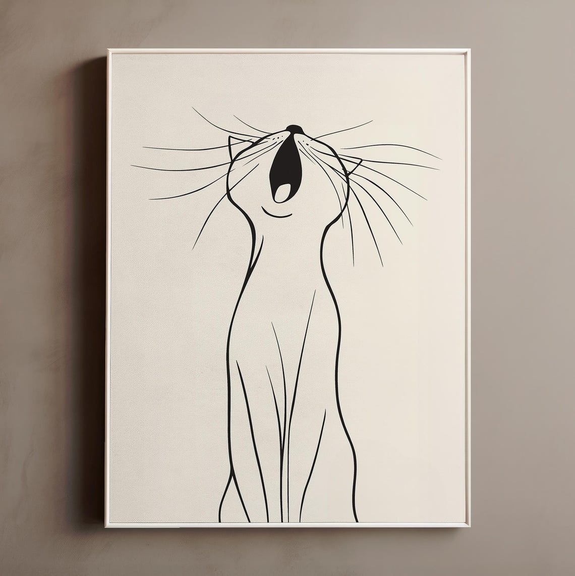 Minimal Line Art Cat Yawning Cream Background Modern Wall Art Poster
