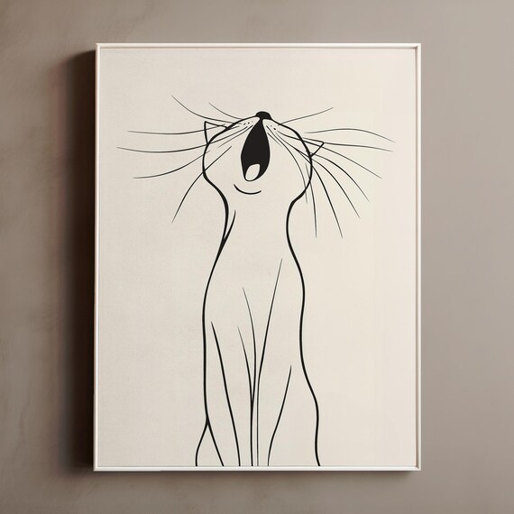 Minimal Line Art Cat Yawning Cream Background Modern Wall Art Poster