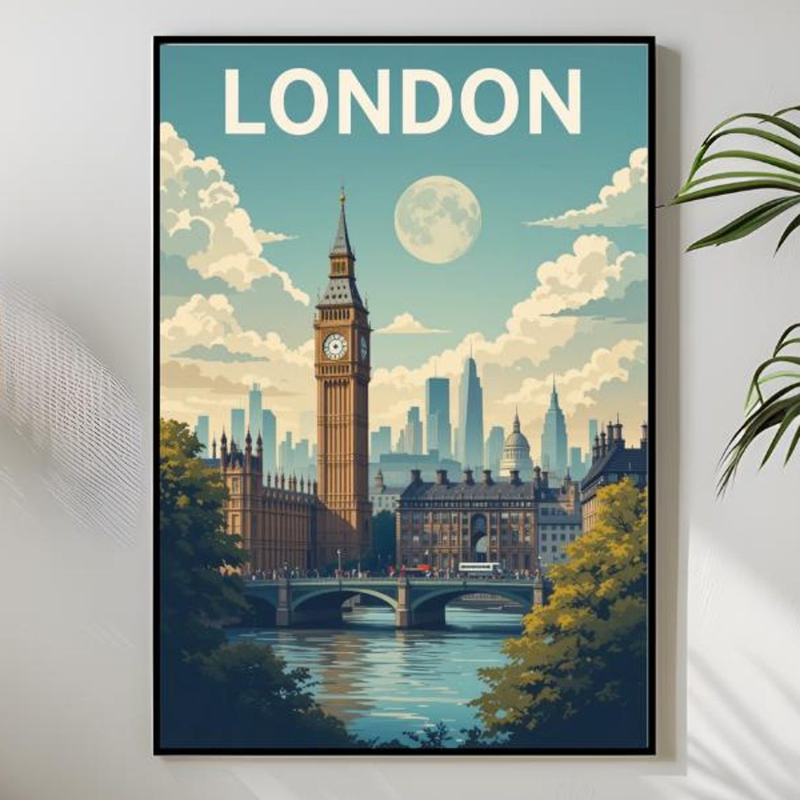 London England Big Ben Westminster Bridge Moonlit Sky Poster