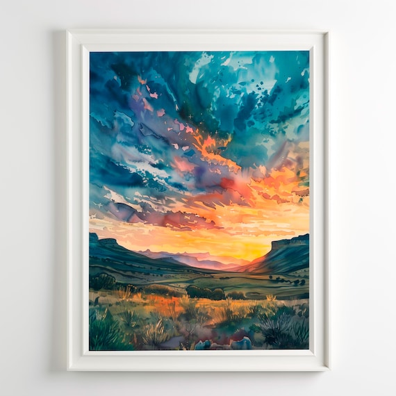 Golden Desert Sunset Watercolor Landscape Mountain Sky Art Print