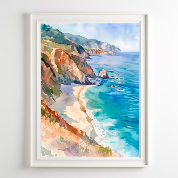 Monterey Big Sur Coastal Cliffs Blue Ocean Waves Watercolor Art Poster