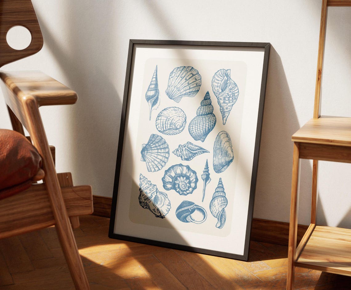 Vintage Blue Seashell Sketch Line Art Coastal Beach Wall Decor Poster - Image 3