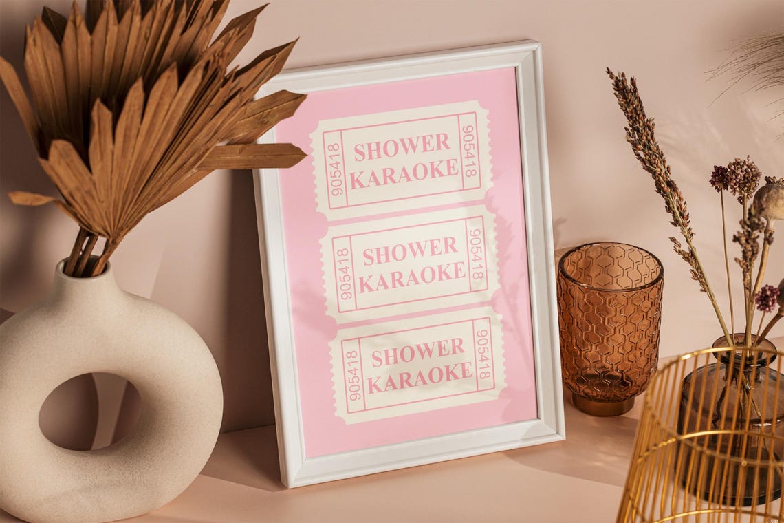 Pink Shower Karaoke Admit One Ticket Stubs Retro Funny Bathroom Poster - Image 2