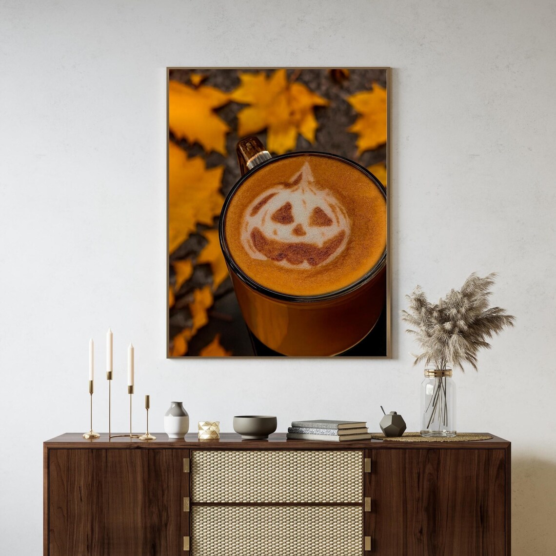 Pumpkin Spice Latte Wall Art Coffee Print Halloween Foam Cozy Autumn Kitchen Decor Thanksgiving Fall Aesthetics