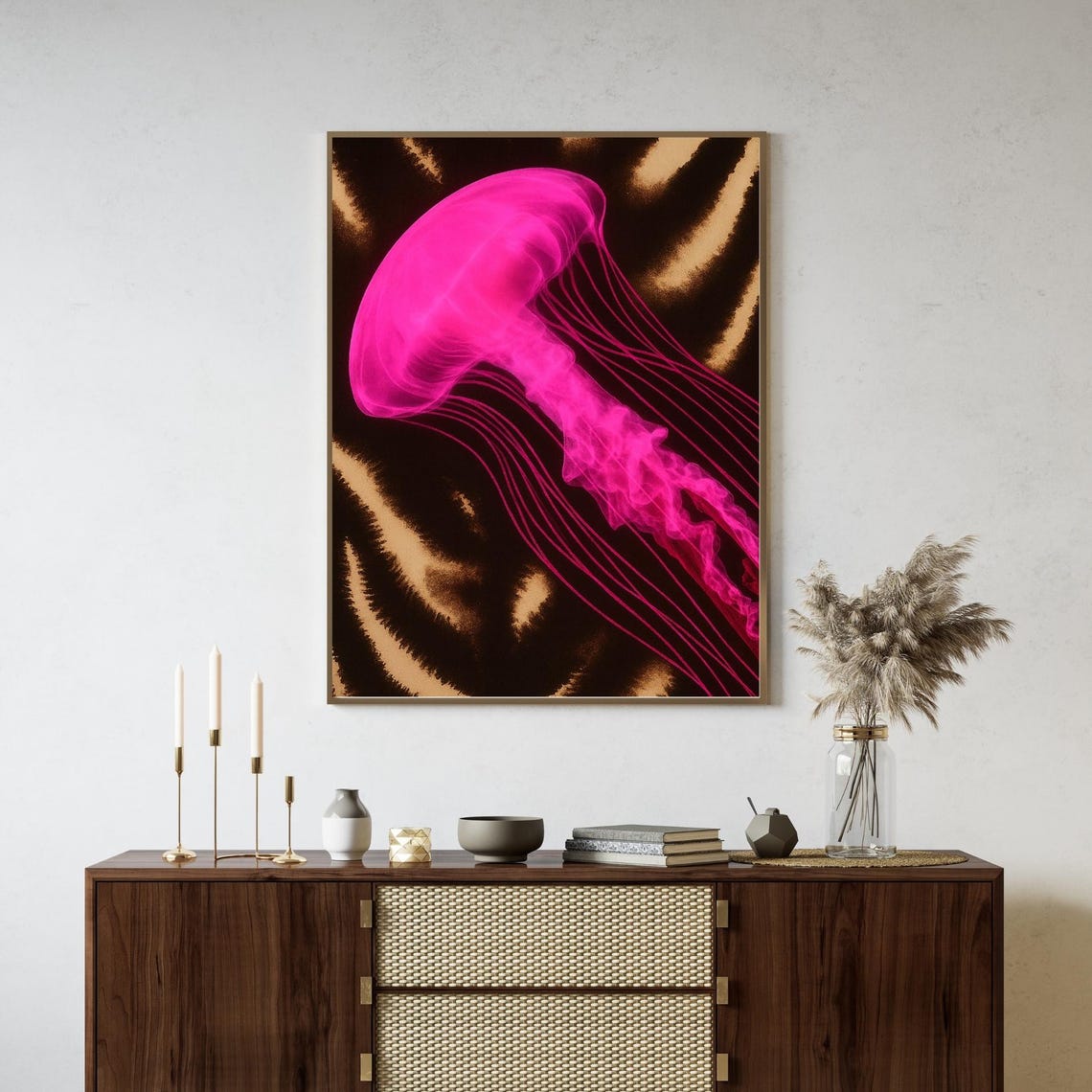 Hot Pink Neon Jellyfish Abstract Bronze Tiger Stripe Art Poster