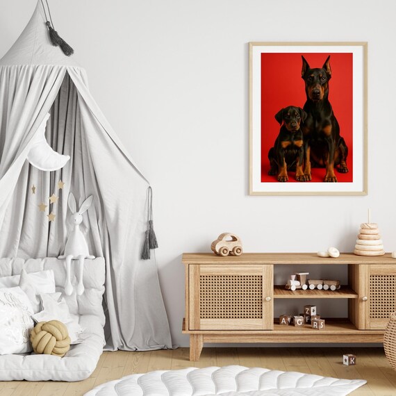 Doberman Mother And Puppy Portrait Bold Red Background Poster