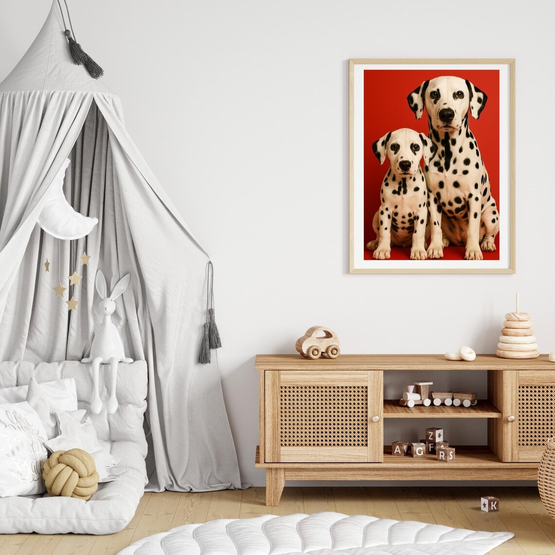 Dalmatian Puppy and Mother Dog Portrait on Red Nursery Poster