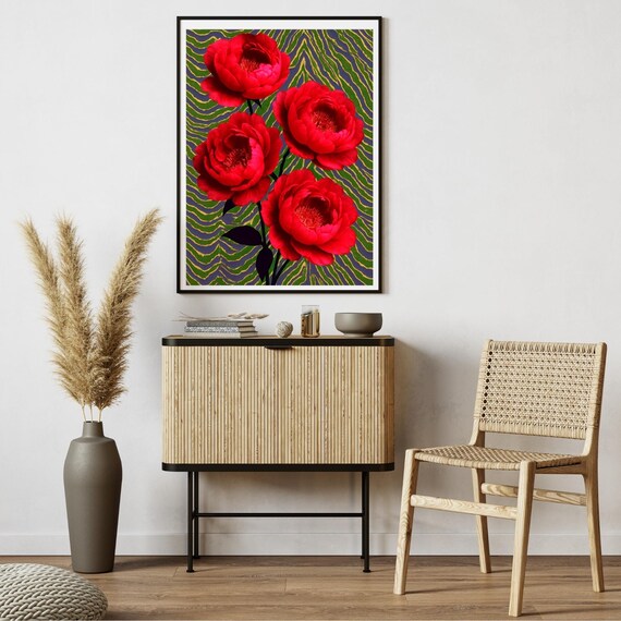 Red Peony Blooms Green Stripe Bold Pop Botanical Fashion Poster