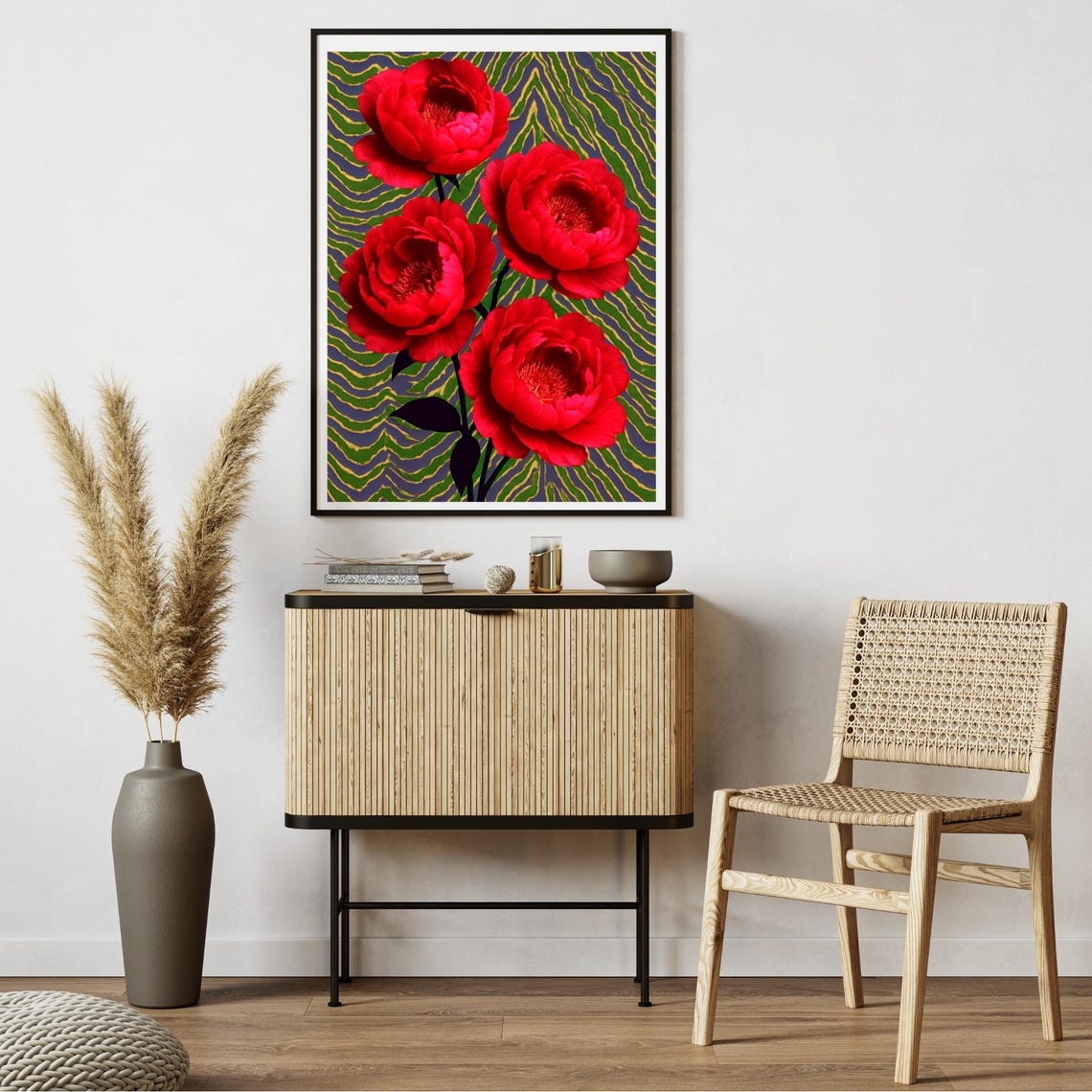 Red Peony Blooms Green Stripe Bold Pop Botanical Fashion Poster