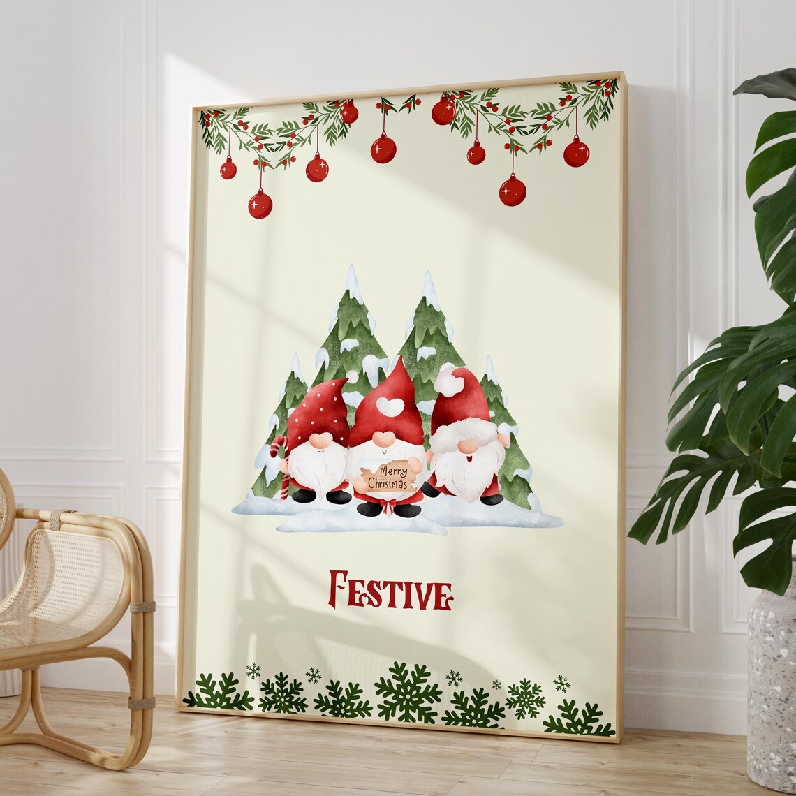 Festive Christmas Gnomes Merry Christmas Sign Snowy Pines Poster