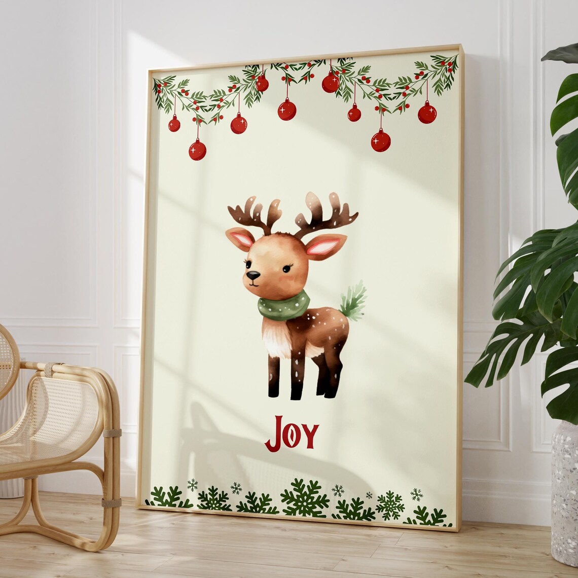 Joy Sweet Baby Reindeer Christmas Watercolor Holiday Decor Poster