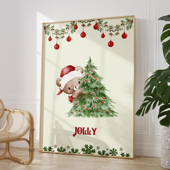 Jolly Teddy Bear Santa Hat Behind Christmas Tree Holiday Poster
