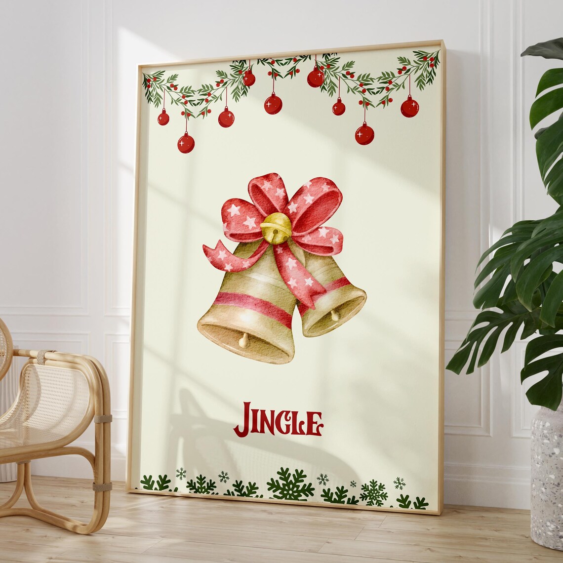 Jingle Christmas Bells Gold Red Star Bow Watercolor Holiday Poster