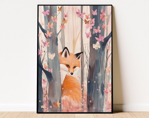 Whimsical Fox Poster Oil Painting Colorful Fox And Butterflies Oil Painting Colorful Fox Print Butterfly And Fox Art Fox Decor