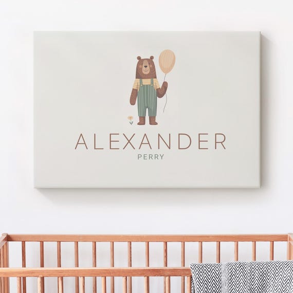 Cute Scandinavian Bear Baby Name Canvas Print Nursery Sign Custom Decoration Wall Decor Animal Art Unframed