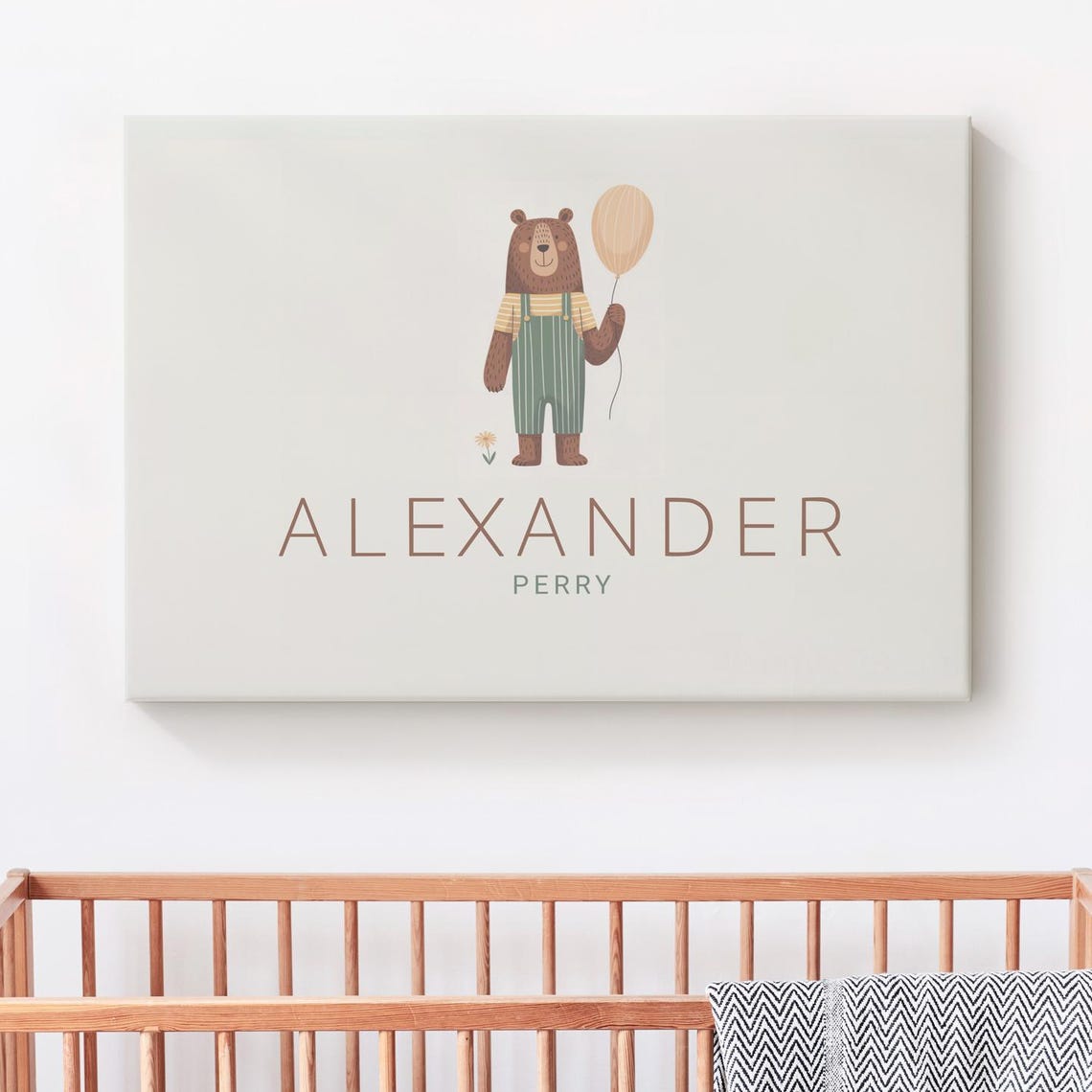 Cute Scandinavian Bear Baby Name Canvas Print Nursery Sign Custom Decoration Wall Decor Animal Art Unframed