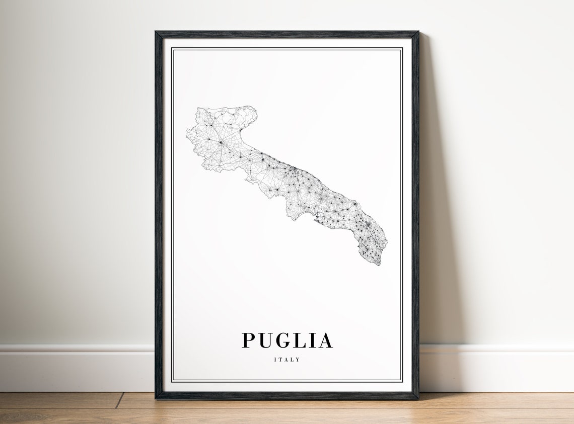 Puglia Italy Region Road Map Minimalist Black White Art Poster