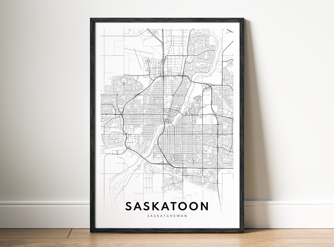 Saskatoon Saskatchewan Map Print, Black and White Sketch