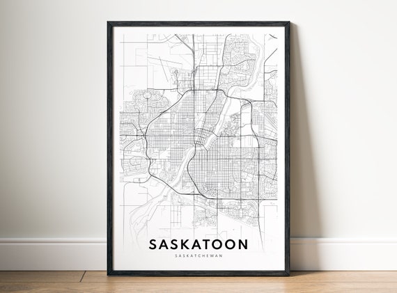 Saskatoon Saskatchewan Map Print, Black and White Sketch
