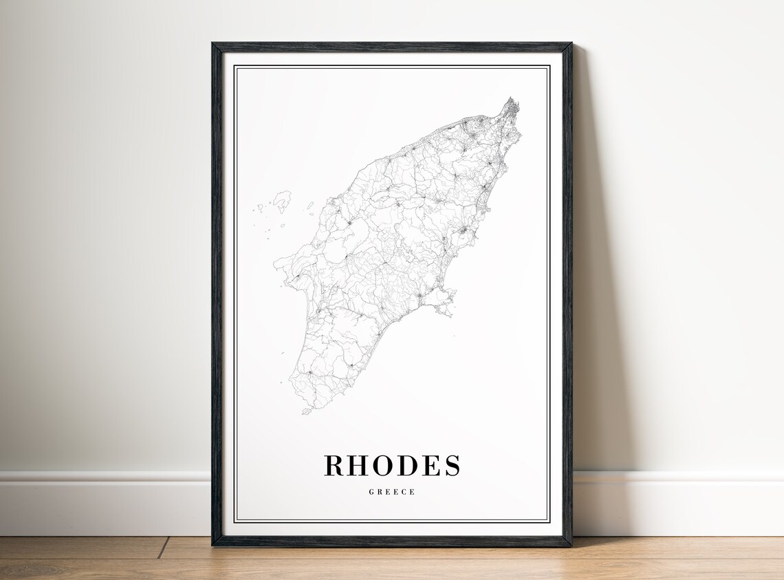 Rhodes Greece Black and White Island Road Map Aegean Sea Poster