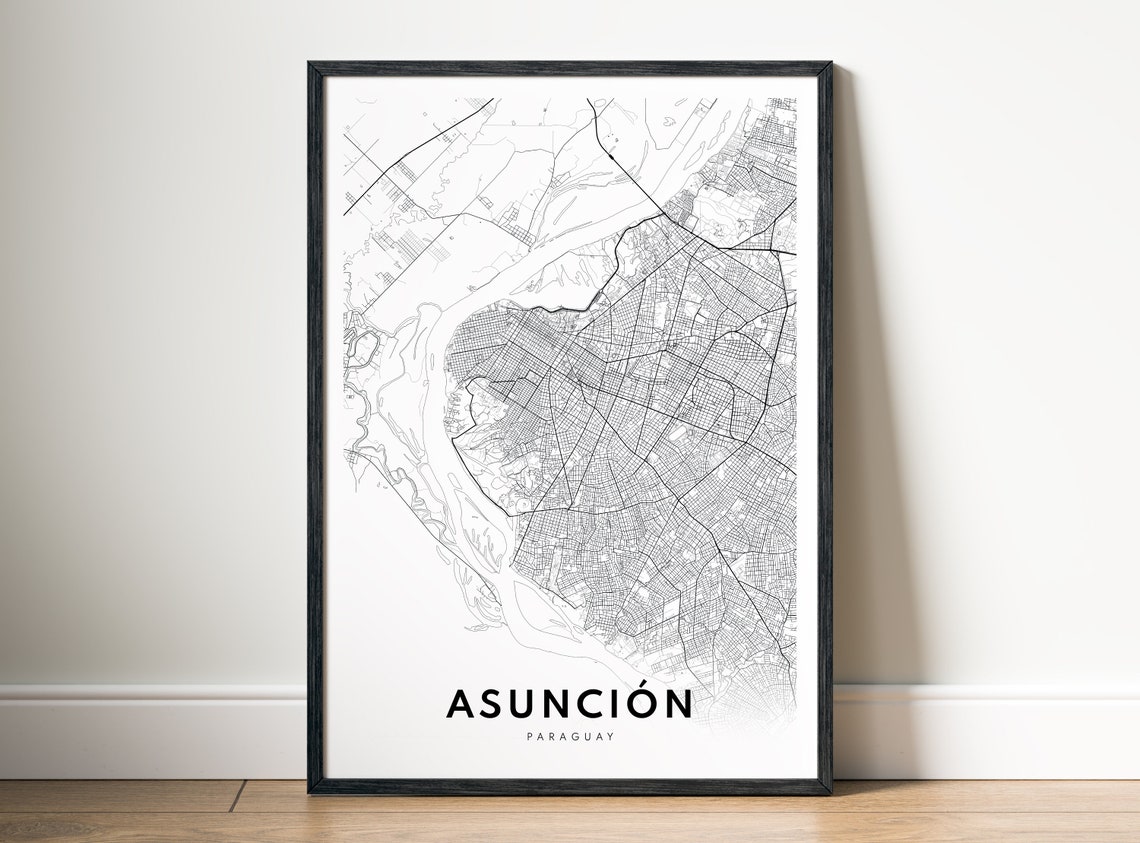 Asuncion Paraguay City Street Map Minimal Black White Map Wall Print