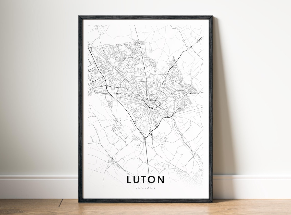 Luton England City Street Map Minimal Black And White Line Art Poster