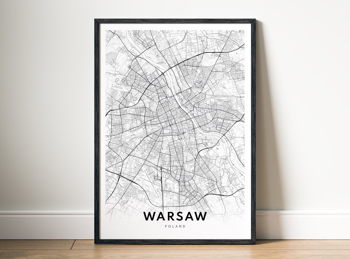 Warsaw Map Print Poland Poster Wall Art Black And White