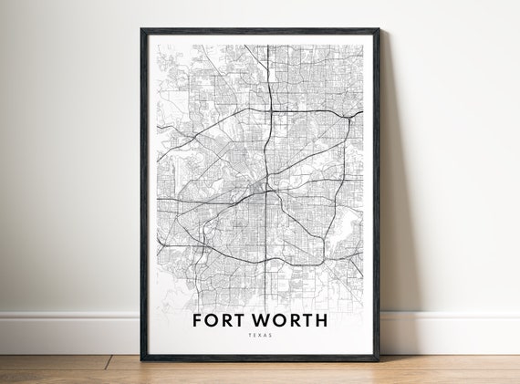 Fort Worth Texas Map Art Print, Black and White