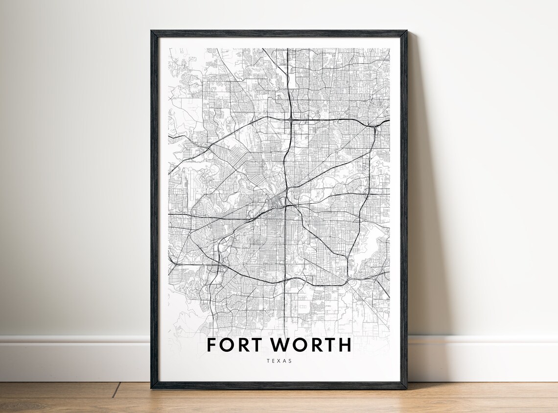 Fort Worth Texas Map Art Print, Black and White