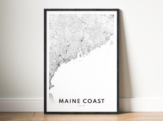 Maine Coast Map Poster Coastal Black And White Minimalistic